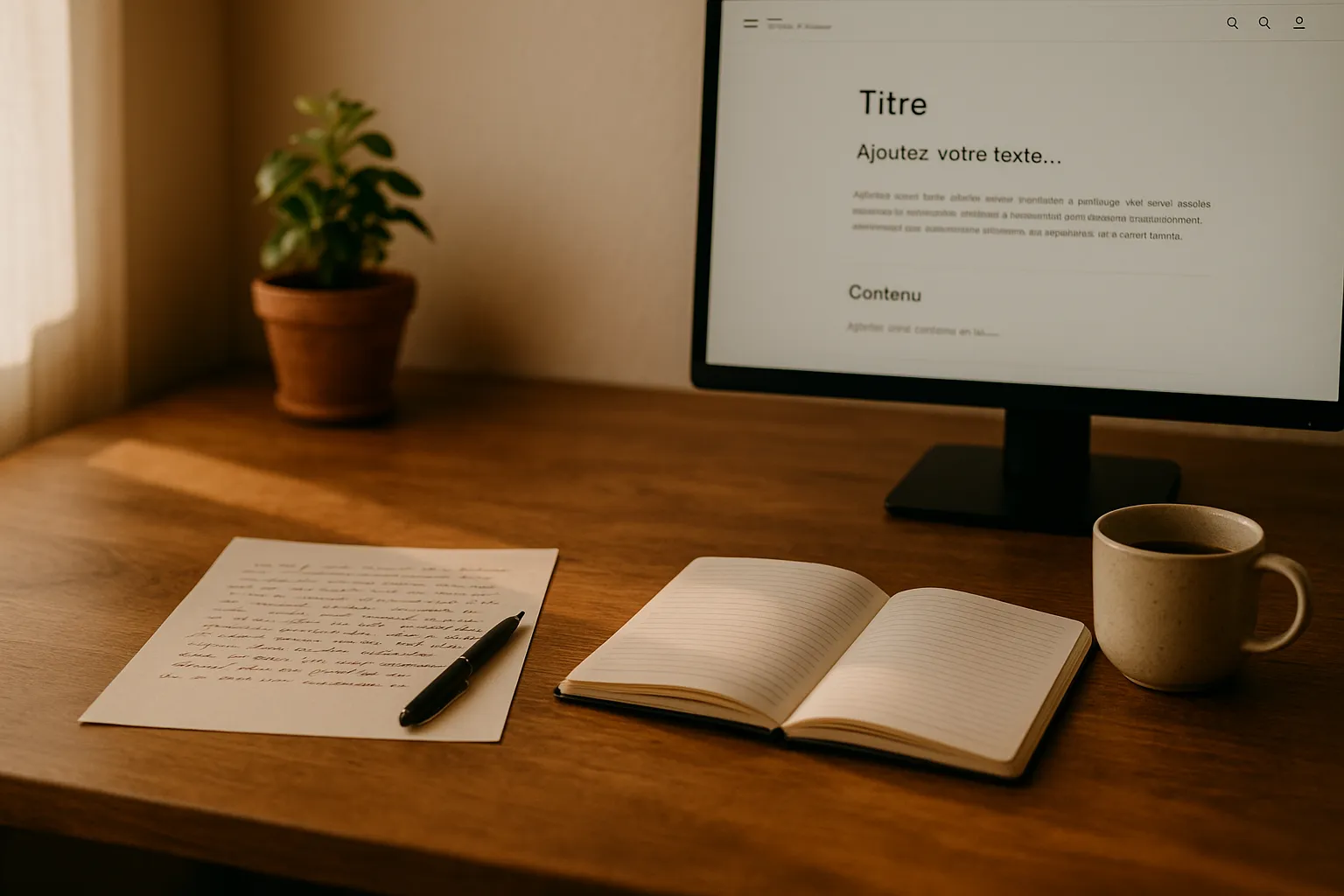 Espace de travail calme avec notes manuscrites, carnet ouvert, écran affichant une page de texte en français