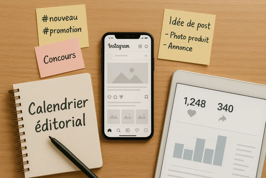 Image horizontale avec smartphone Instagram, carnet Calendrier éditorial, post-its et tablette avec statistiques
