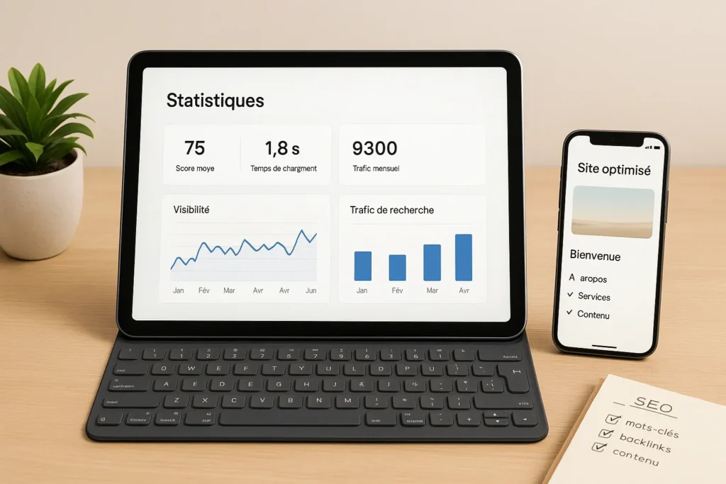 Tableau de bord SEO et site mobile optimisé sur bureau clair