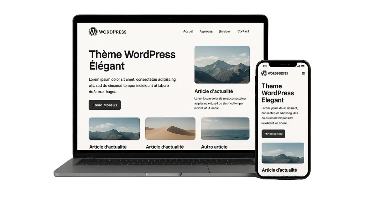 Aperçu d’un thème WordPress élégant affiché sur MacBook et iPhone, en français