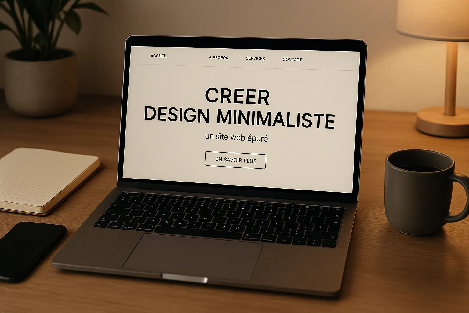 Poste de travail moderne avec ordinateur affichant un site web minimaliste en français