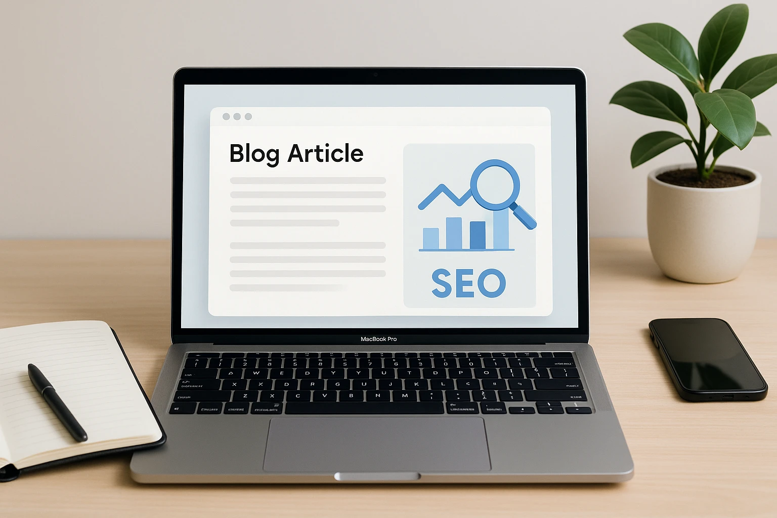 Ordinateur portable affichant un article de blog avec des icônes SEO, carnet ouvert, stylo, smartphone et plante verte sur un bureau moderne.