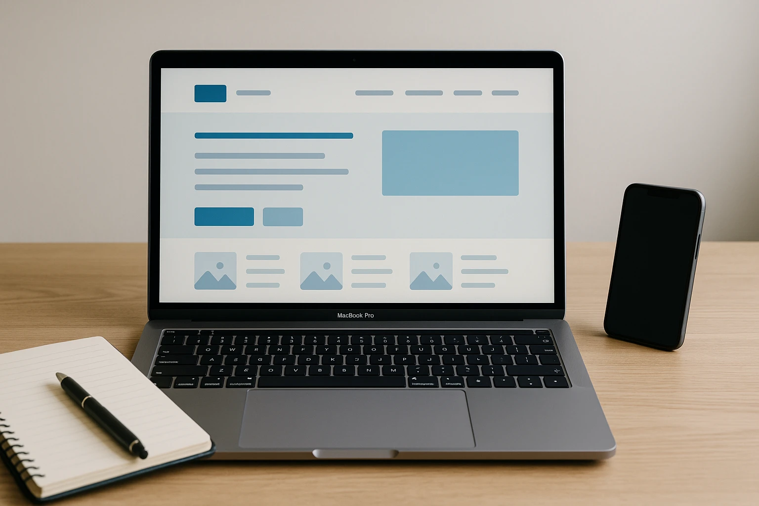 Bureau moderne avec un ordinateur portable affichant une maquette de site web, un carnet ouvert avec un stylo et un smartphone posé sur la table.