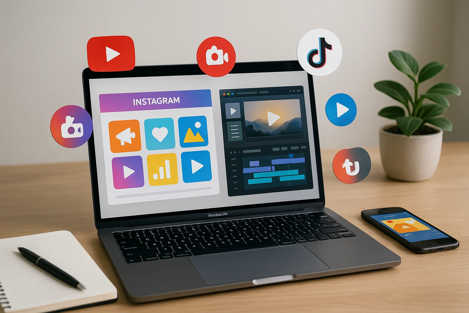 Ordinateur portable affichant un carrousel Instagram et un logiciel de montage vidéo, entouré d’icônes de réseaux sociaux, avec carnet, stylo, smartphone et plante sur un bureau moderne.