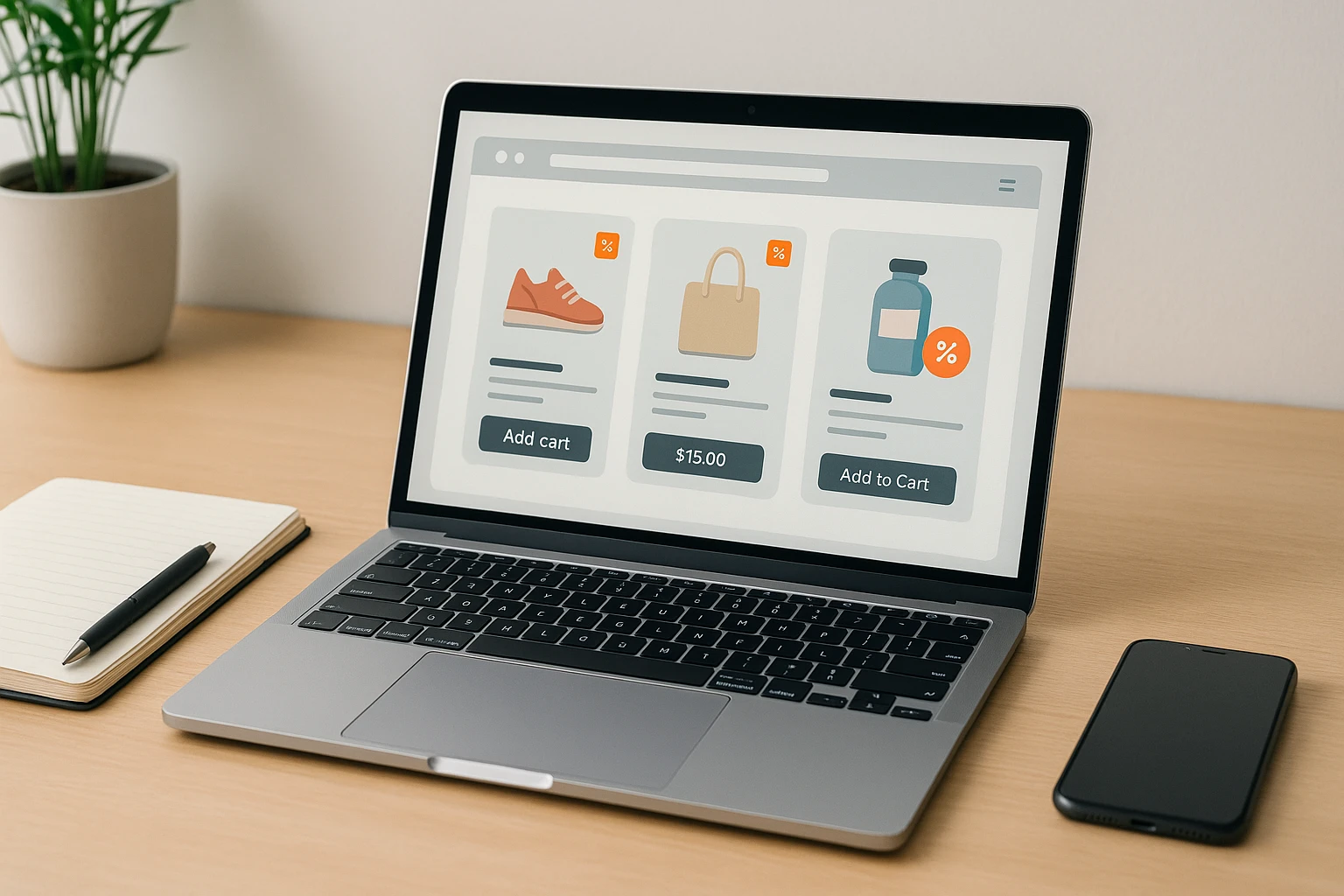 Ordinateur portable affichant une boutique en ligne avec fiches produits, carnet ouvert, smartphone et plante verte sur un bureau moderne.