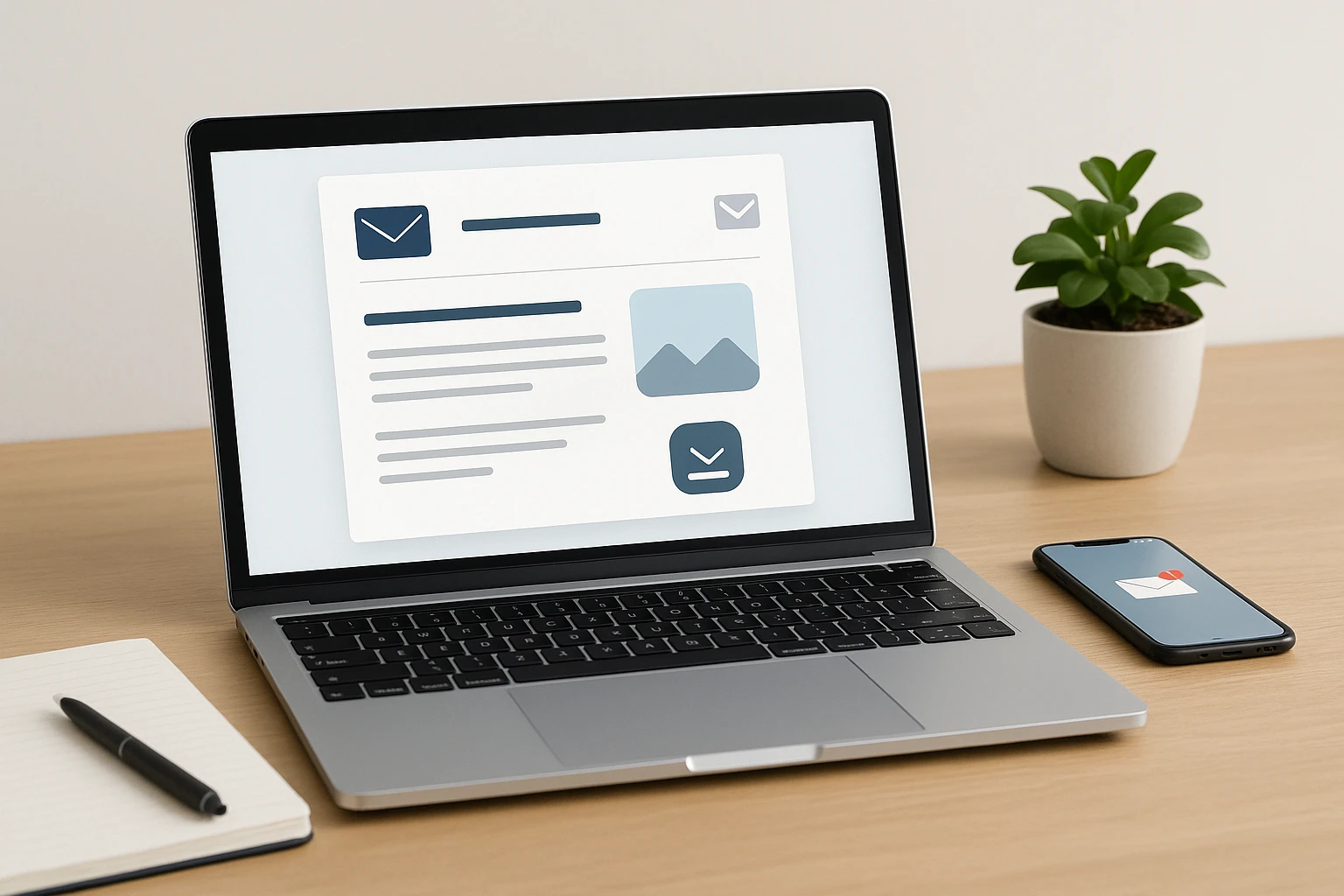Ordinateur portable affichant une newsletter en cours de rédaction, avec carnet, stylo, smartphone et plante sur un bureau moderne.