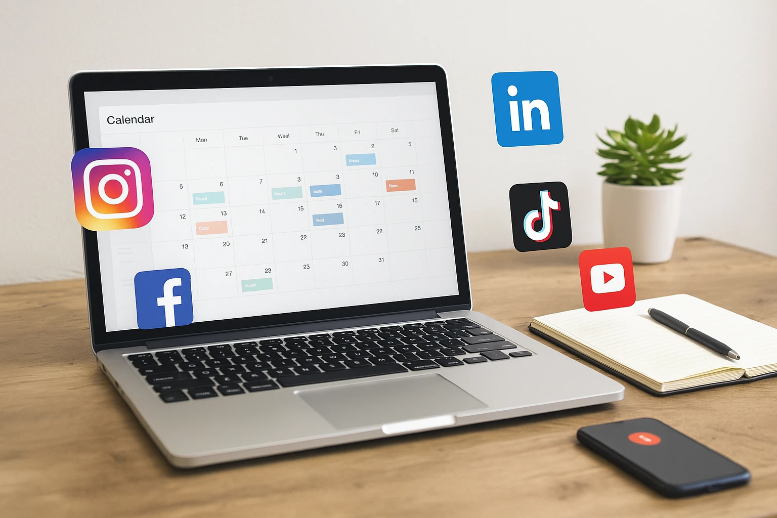 Ordinateur portable affichant un calendrier éditorial coloré avec icônes Instagram, Facebook, LinkedIn, TikTok et YouTube, posé sur un bureau moderne avec carnet, stylo, smartphone et plante.