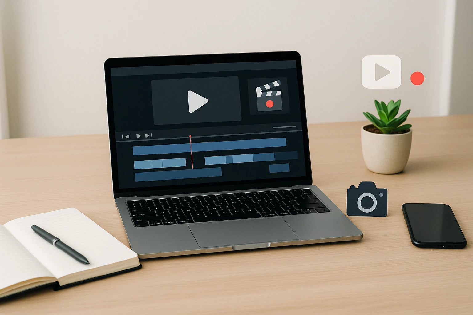 Ordinateur portable affichant une interface de montage vidéo, avec carnet, stylo, smartphone et plante sur un bureau moderne.