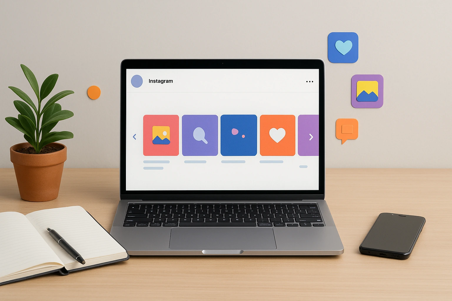 Ordinateur portable affichant un carrousel Instagram coloré, avec carnet, stylo, smartphone et plante sur un bureau moderne.