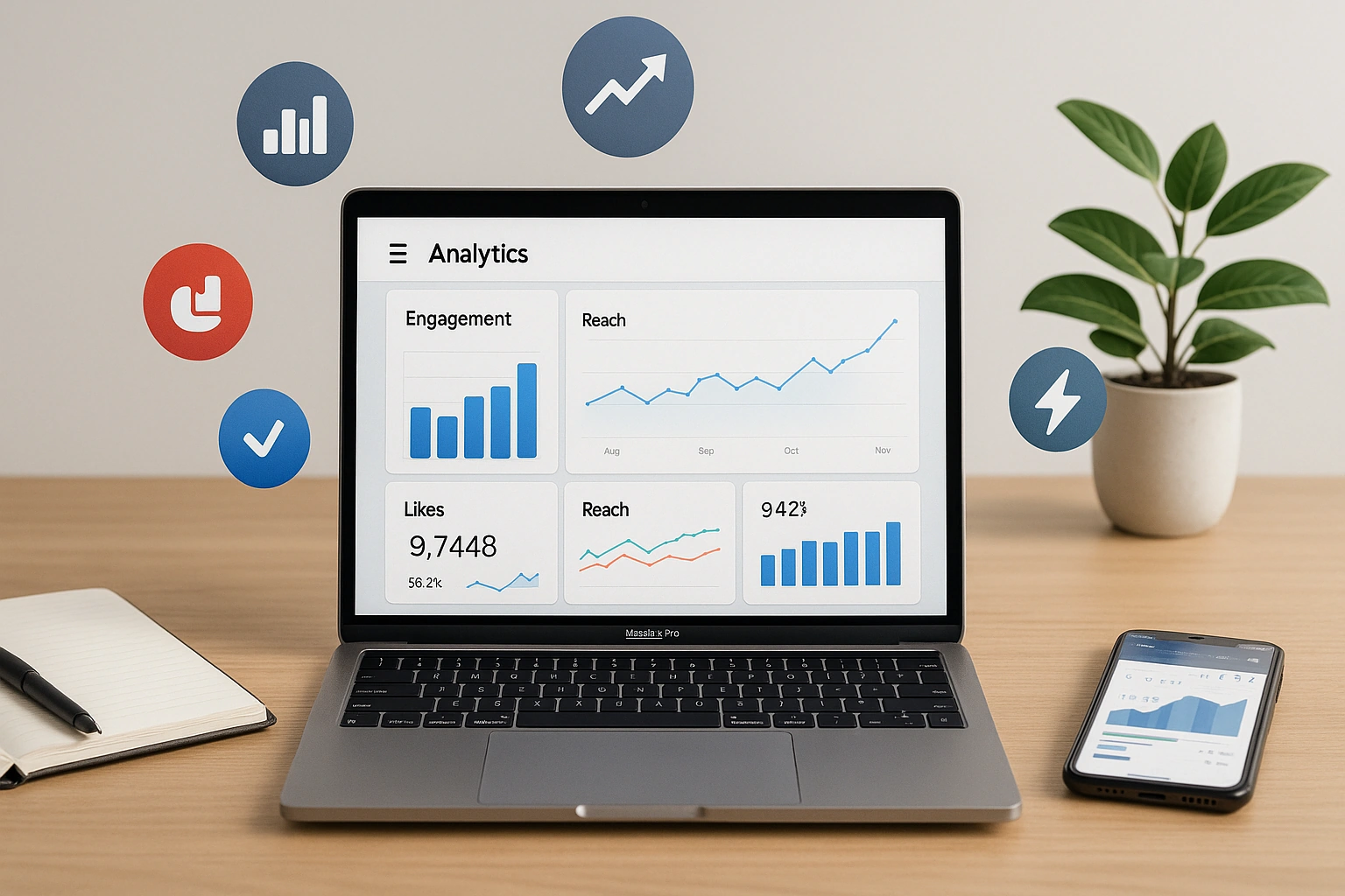 Ordinateur portable affichant un tableau de bord analytics avec graphiques d’engagement et de portée, entouré d’icônes de performance, carnet, stylo, smartphone et plante sur un bureau moderne.
