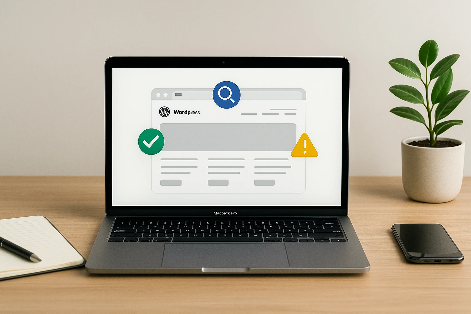 Ordinateur portable affichant l’audit d’un site WordPress avec icônes de vérification, alerte et loupe, sur un bureau moderne avec carnet, stylo, smartphone et plante.