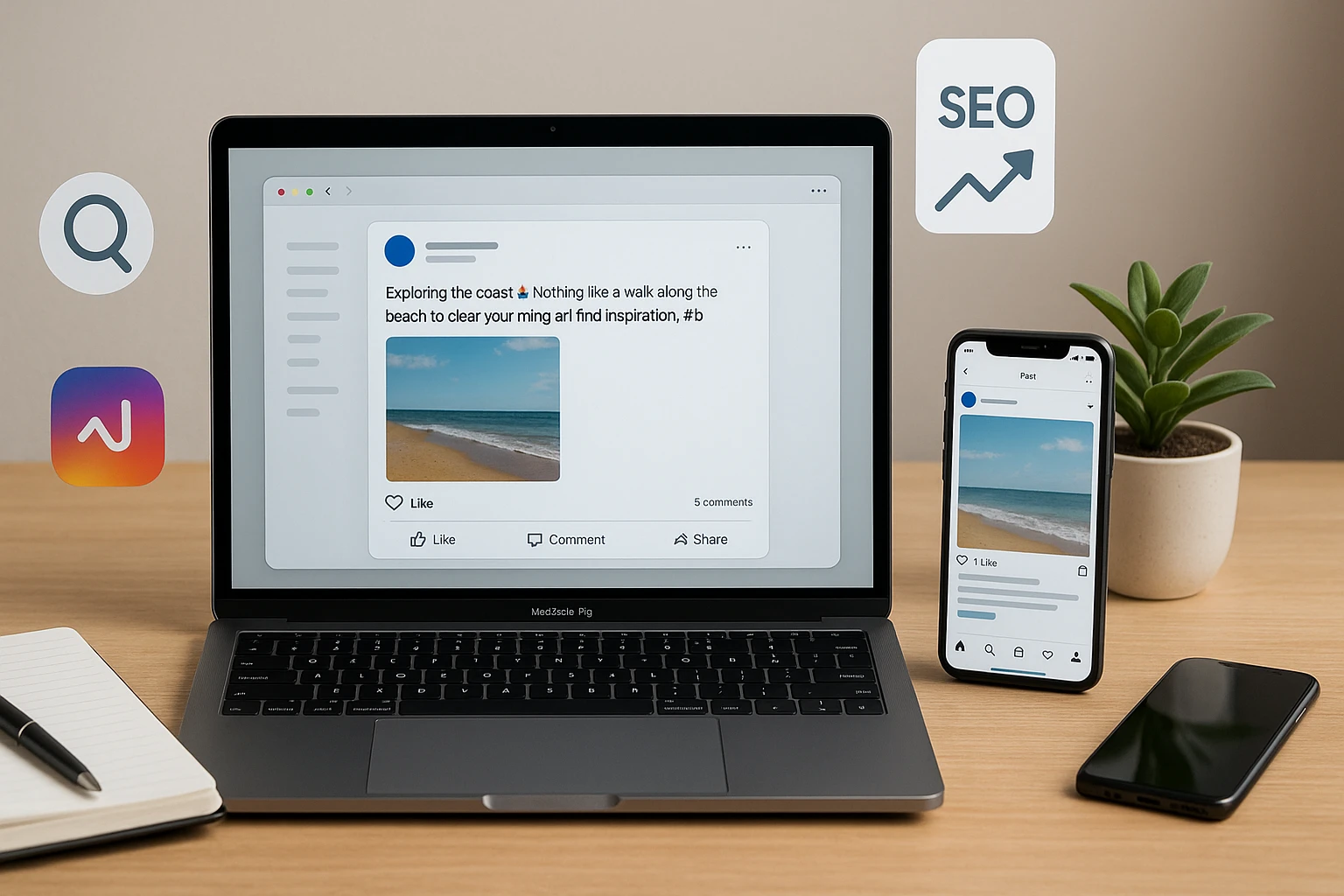 Ordinateur portable affichant un post en cours de rédaction, avec smartphone montrant la version mobile, icônes SEO et réseaux sociaux, carnet, stylo et plante sur un bureau moderne.