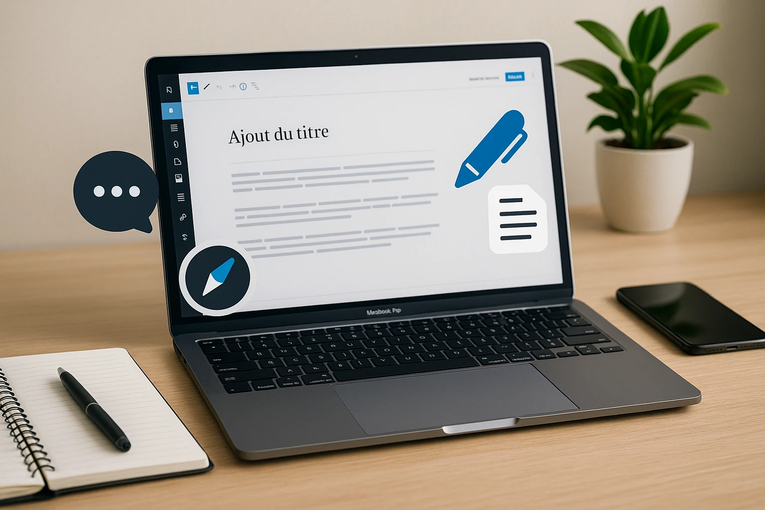 Ordinateur portable affichant un éditeur de texte WordPress avec icônes d’écriture et de conseils, sur un bureau moderne avec carnet, stylo, smartphone et plante.