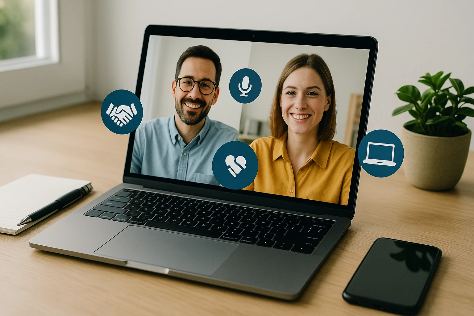 Ordinateur portable affichant une visioconférence entre deux personnes, entouré d’icônes flottants de communication, sur un bureau moderne avec carnet, stylo, smartphone et plante.